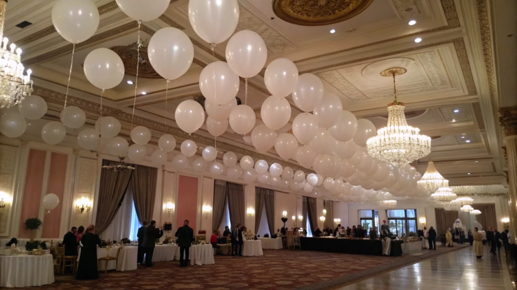 Helium balloons floating perfectly in a temperature-controlled event hall