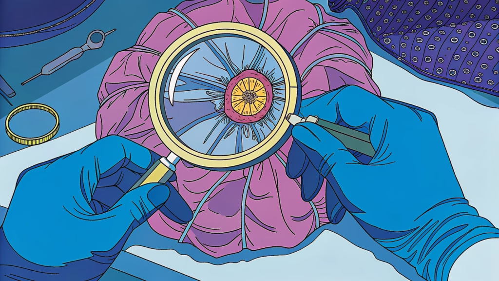 A person inspecting a balloon with a magnifying glass