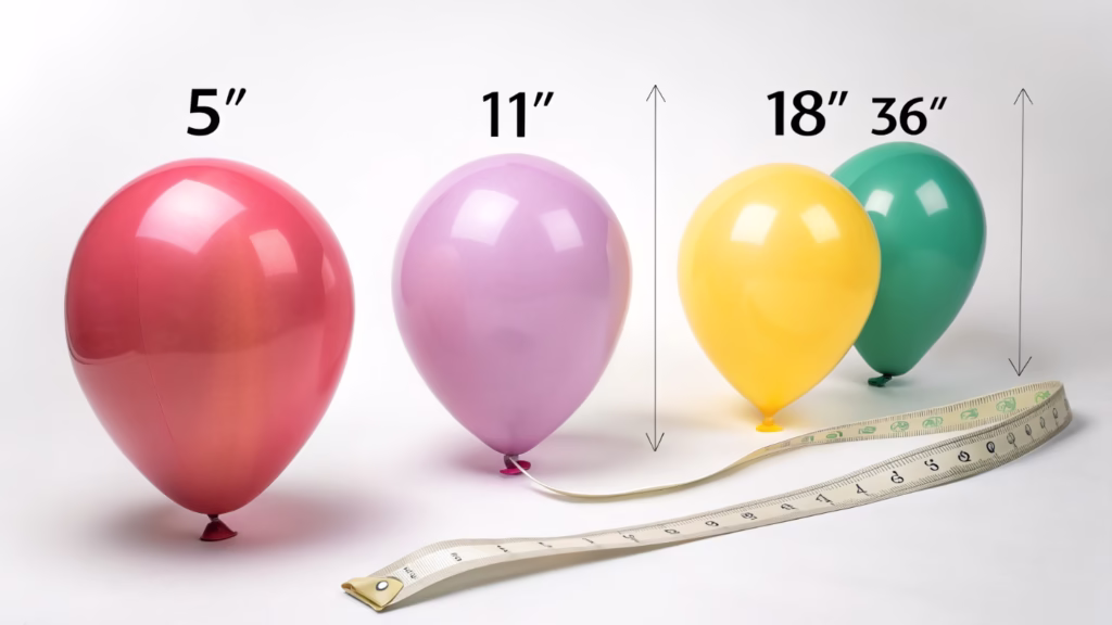 Comparison chart of balloon sizes from 5 inch to 36 inch next to a ruler