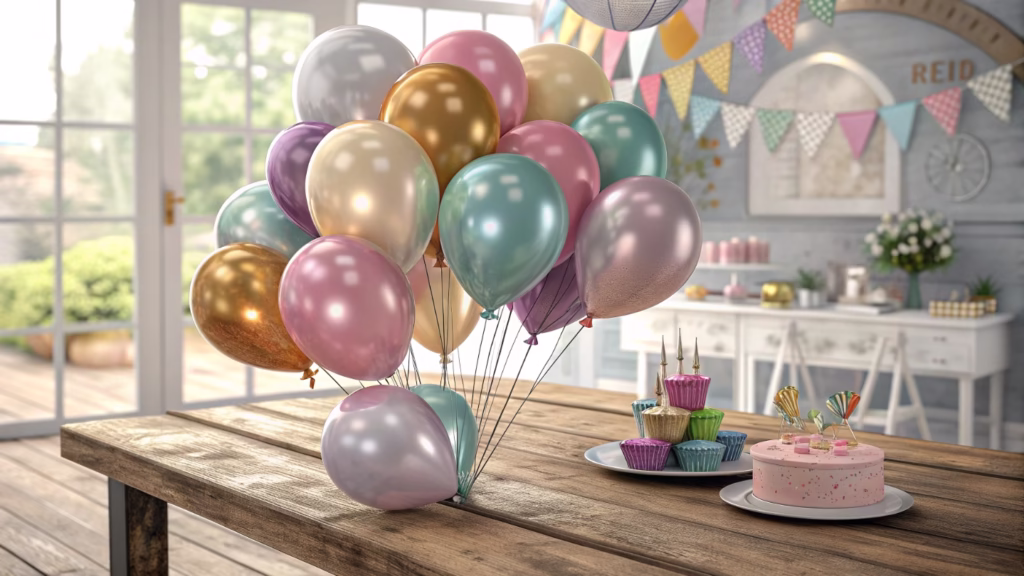 A colorful assortment of latex balloons in various sizes and finishes arranged on a table