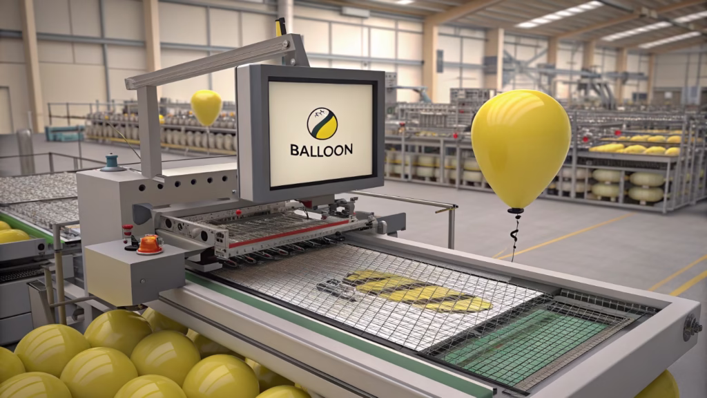 Screen printing machine applying a logo to a latex balloon in a factory