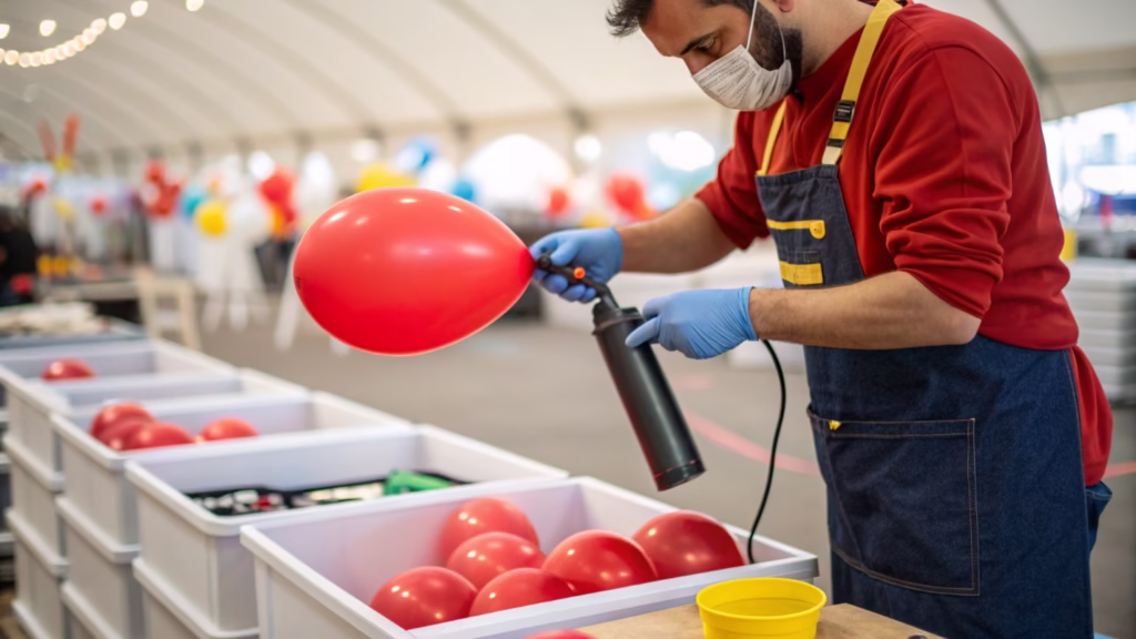 A professional balloon artist using a dual-action hand pump to create a balloon arch