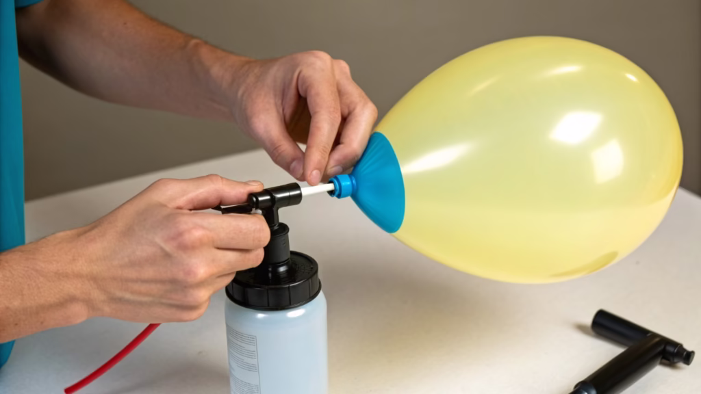 A person demonstrating the proper technique for holding a balloon on a hand pump nozzle