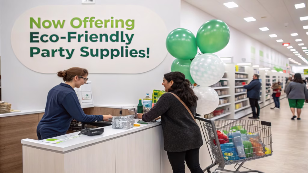A retail store checkout counter with a prominent sign advertising their new eco-friendly product line