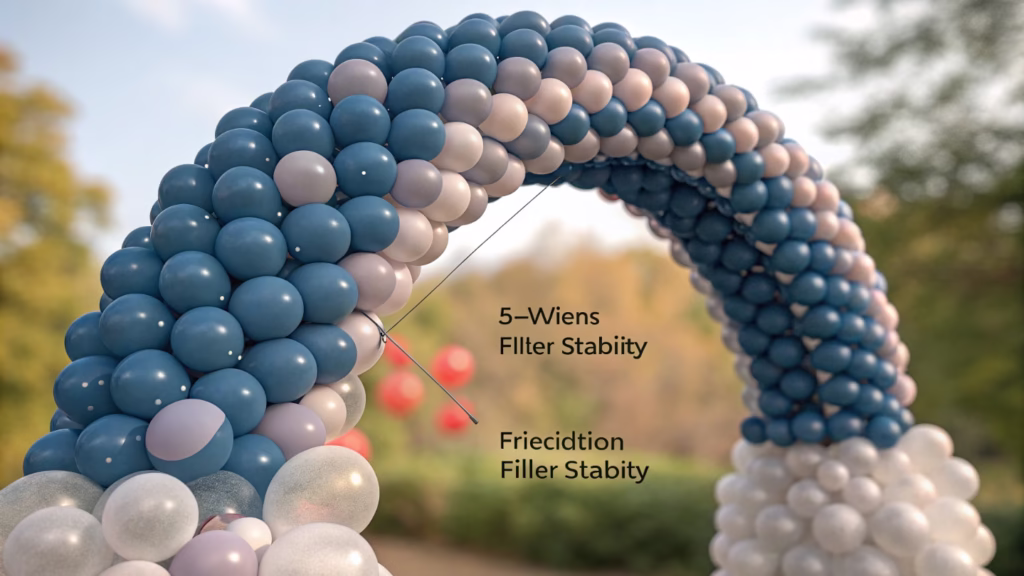A close-up of a balloon arch showing tightly packed clusters and small filler balloons