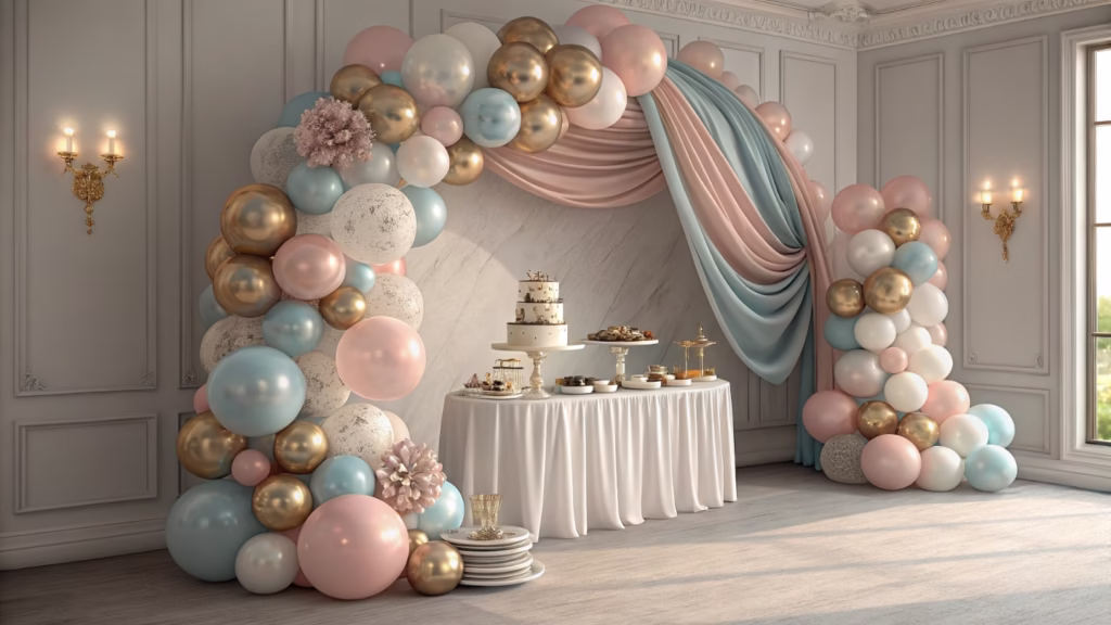 A detailed balloon garland showing a mix of matte and chrome finishes