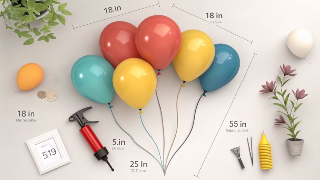 A variety of balloon sizes and colors laid out for an arch
