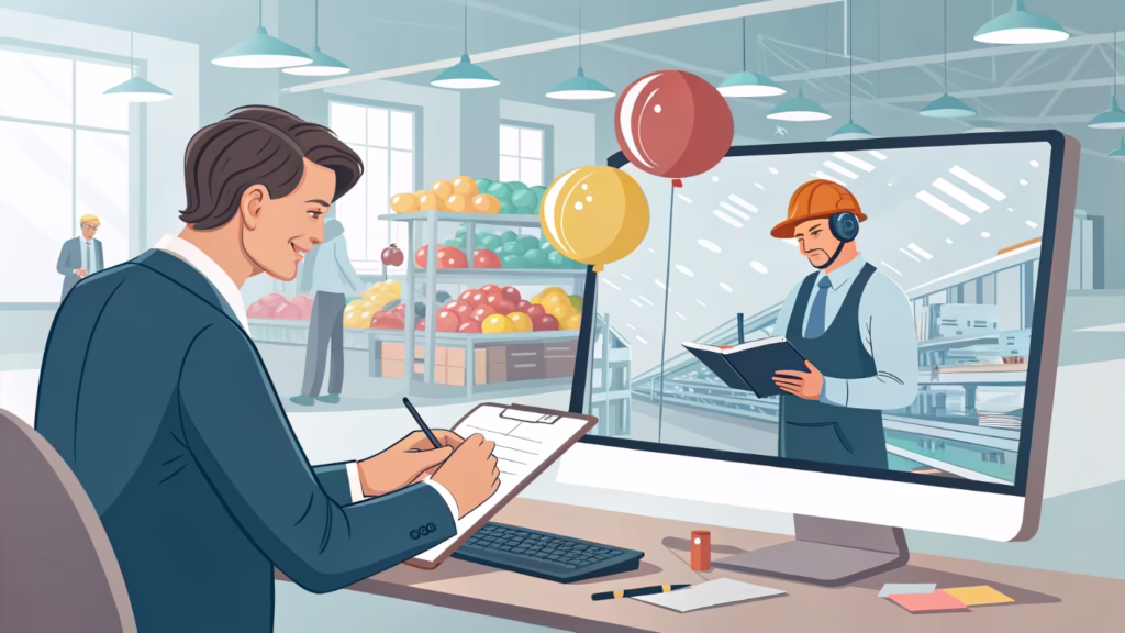 A person on a video call with a balloon factory manager