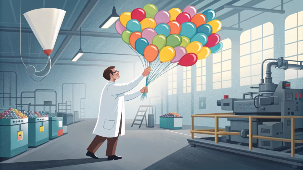 A person inspecting a batch of latex balloons in a factory