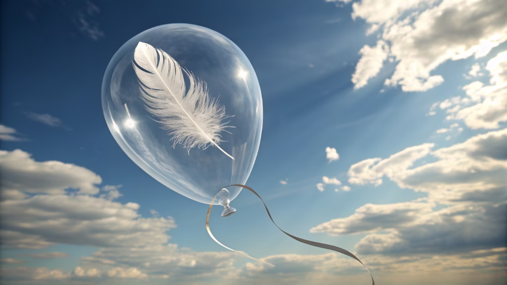 A single clear balloon with a white feather inside, floating against a blue sky