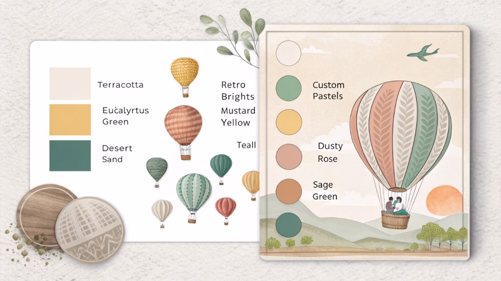 A trend board showcasing upcoming popular balloon colors like terracotta and eucalyptus green