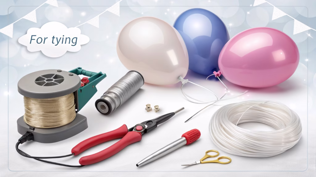 An organized toolkit showing various balloon supplies like pumps, glue dots, and 260Q balloons