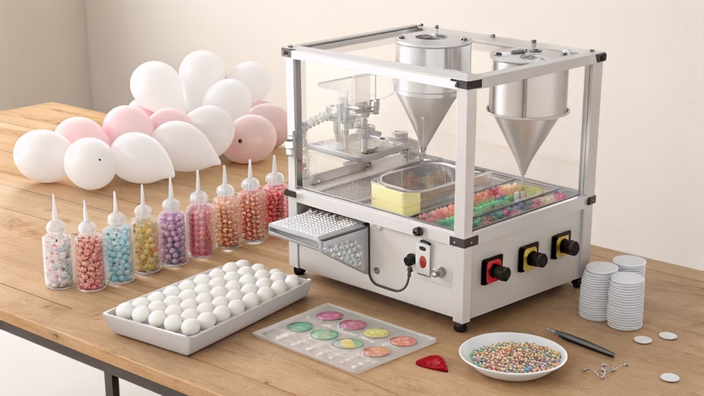 An organized workstation showing a balloon stuffing machine, funnels, and pre-weighed confetti packets