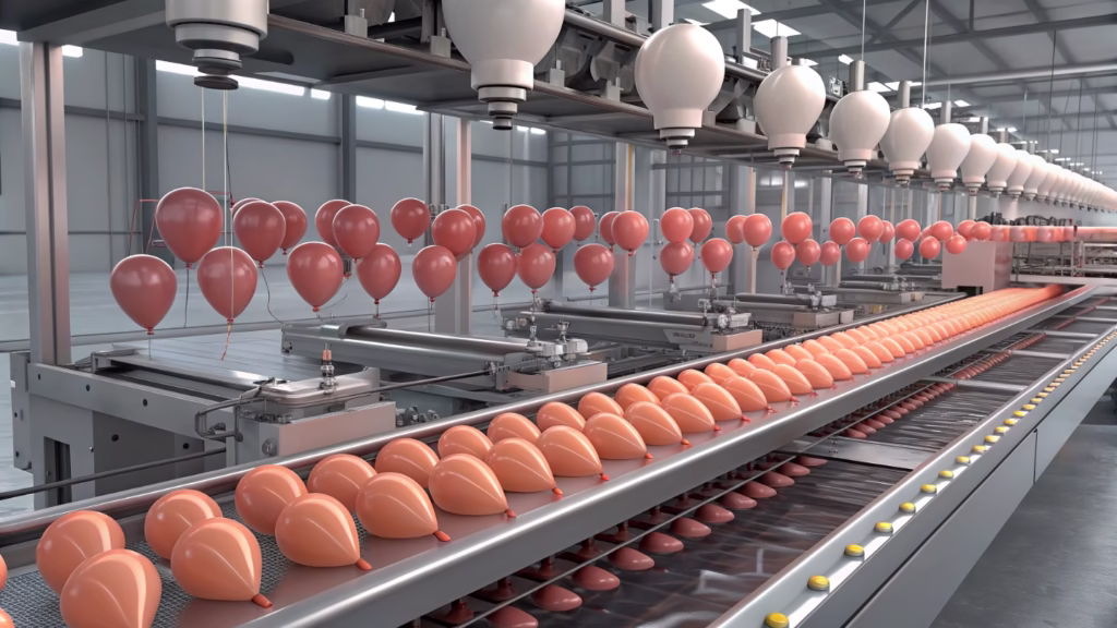 Automated balloon manufacturing machinery in a factory