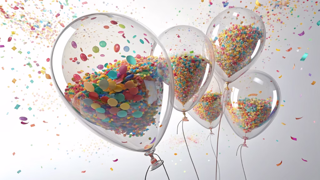 Clear latex balloons filled with colorful confetti against a bright background