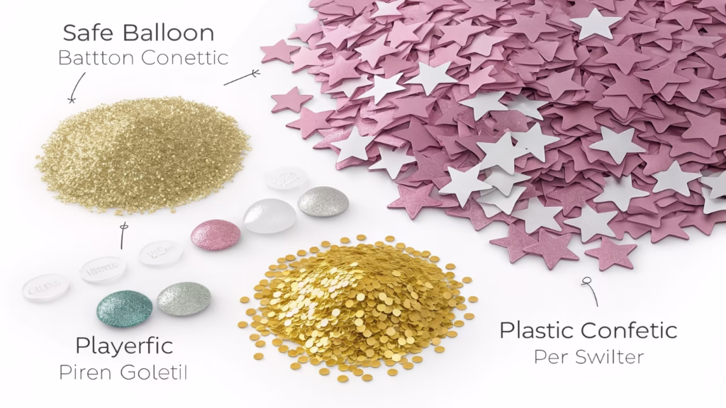 Close-up of different types of safe balloon confetti and glitter on a white surface