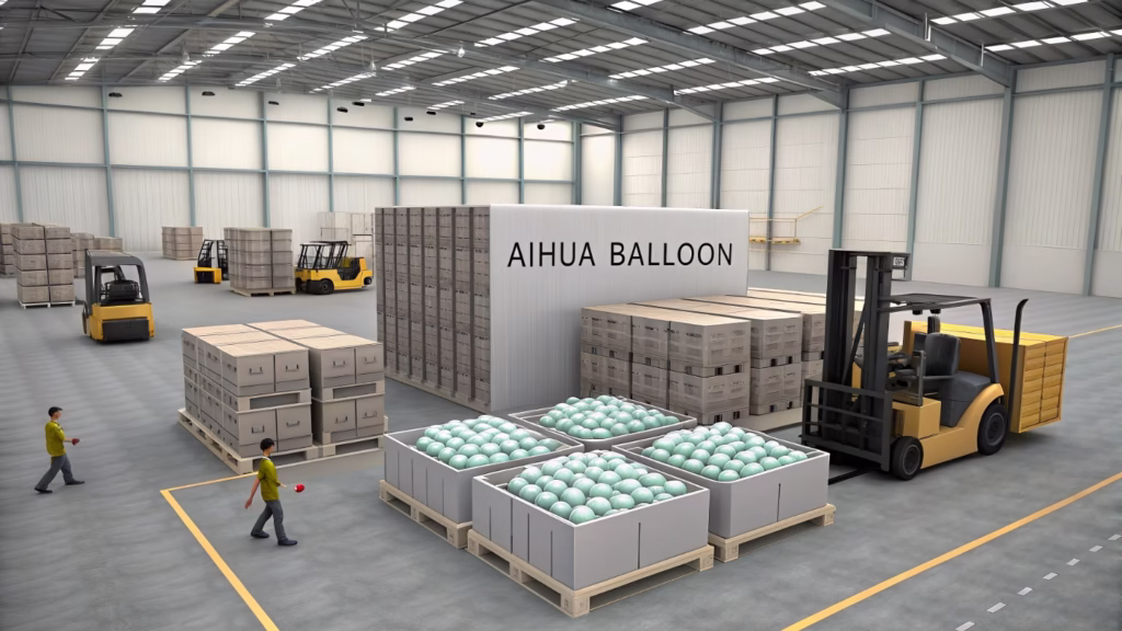 A warehouse filled with boxes of AIHUA BALLOON products