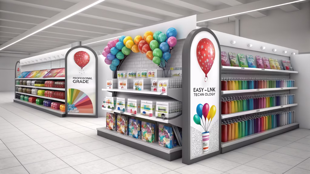 A retail display showcasing colorful link balloon packages
