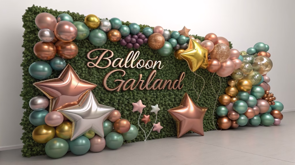 A stunning balloon garland with both foil and latex balloons expertly woven together
