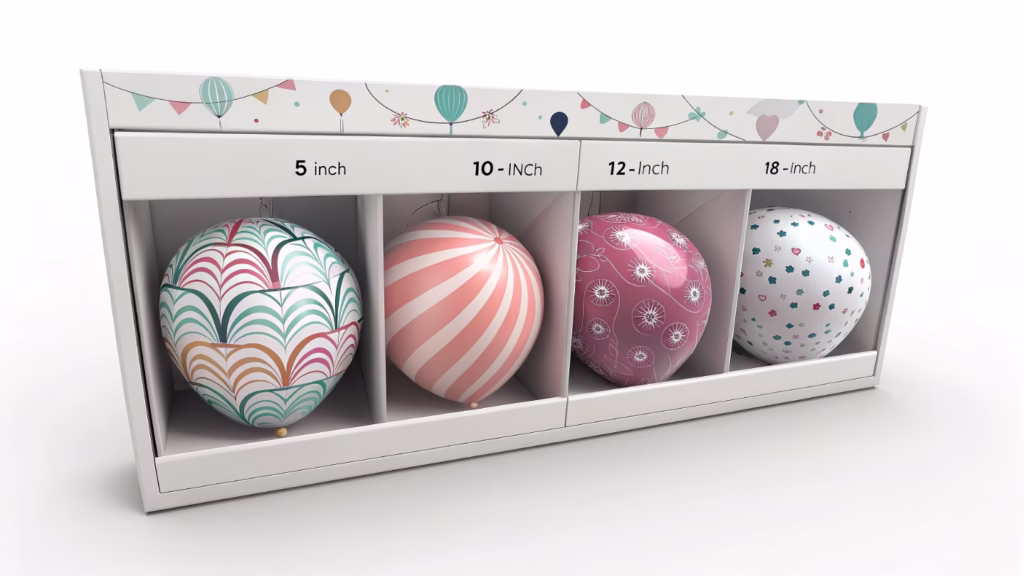 An assortment of different balloon sizes in a box