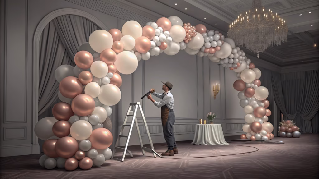 A professional decorator working on a large-scale balloon installation
