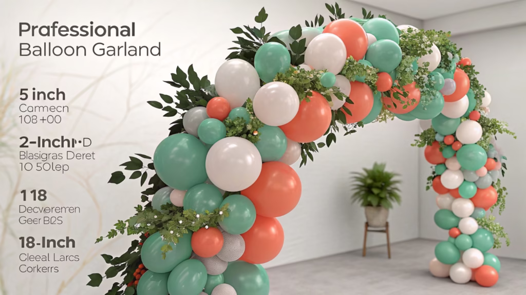 A dynamic, colorful balloon garland with a mix of sizes