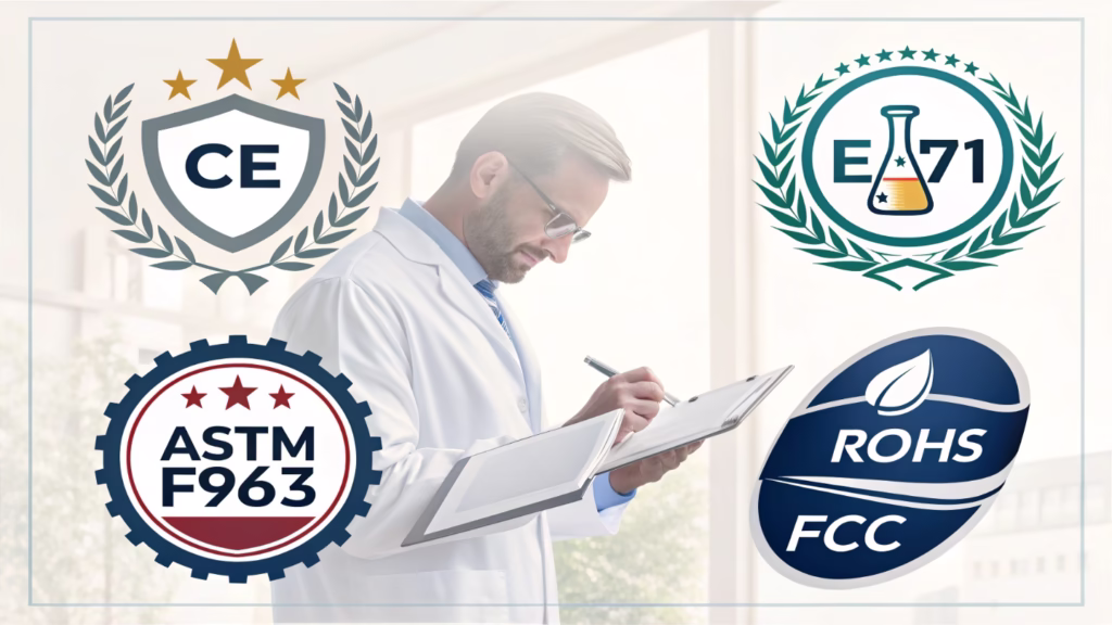 Collage of safety certification logos like CE, ASTM, RoHS, and FCC