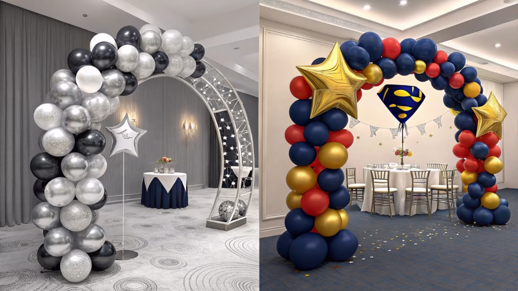 Side-by-side images of a corporate balloon display and a birthday party balloon display
