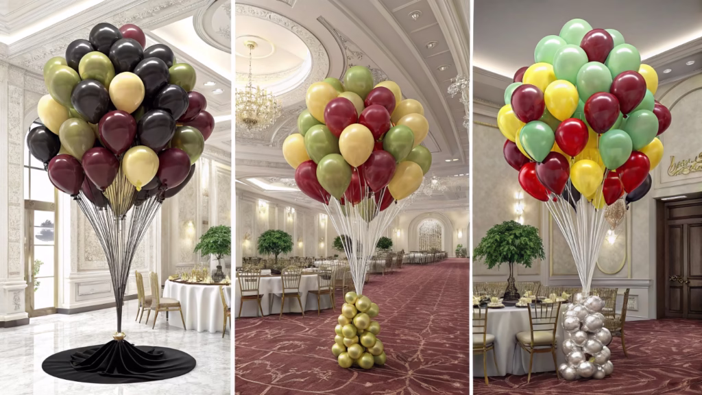 Three balloon arrangements showcasing luxury, fun, and serene color schemes