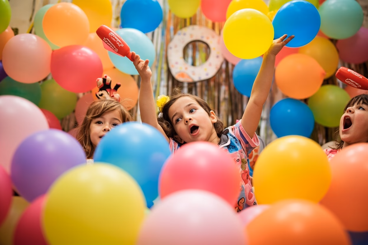 Children playing balloon bop party game with colorful balloon on striker wand