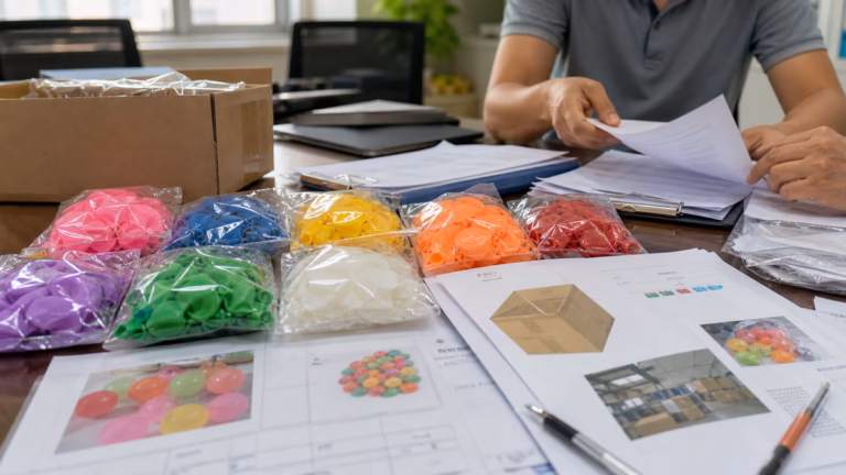 Water balloon sourcing review desk with samples and compliance documents