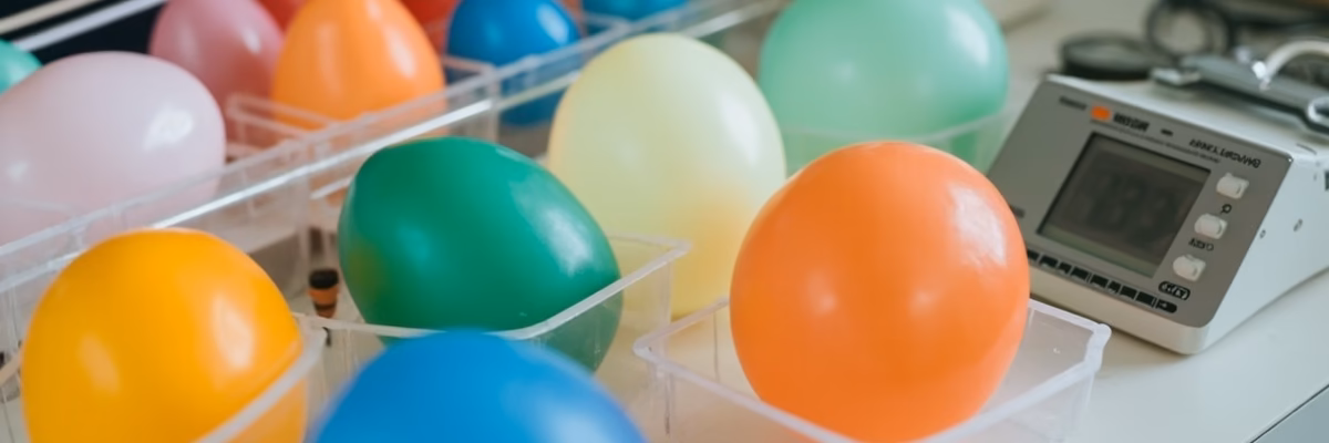 3 inch water balloons sorted by color with scale and caliper for specification check