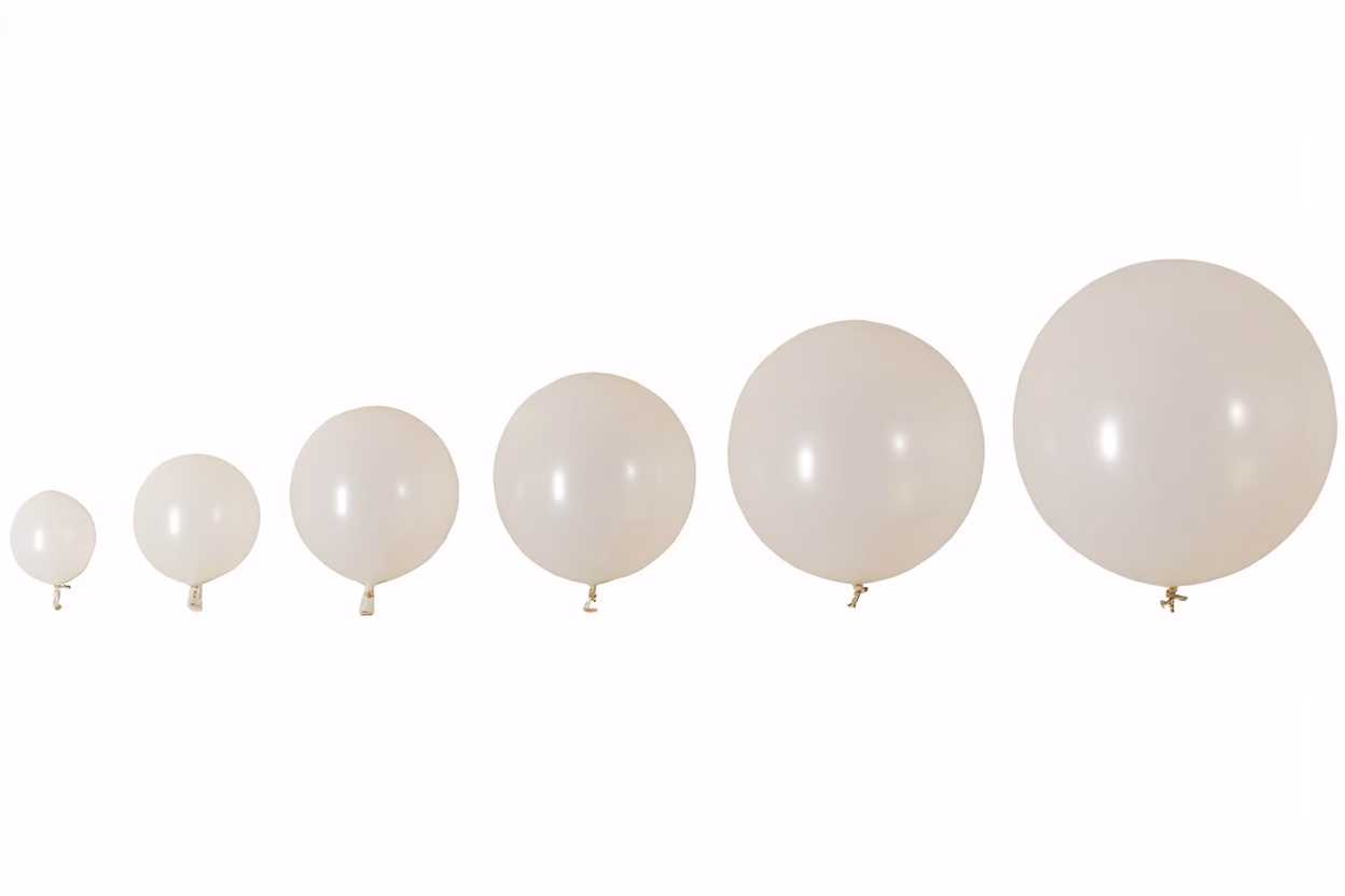 Balloon Size Chart for Professional Decorators Balloon size comparison chart showing different balloon sizes from 5 inch to 36 inch