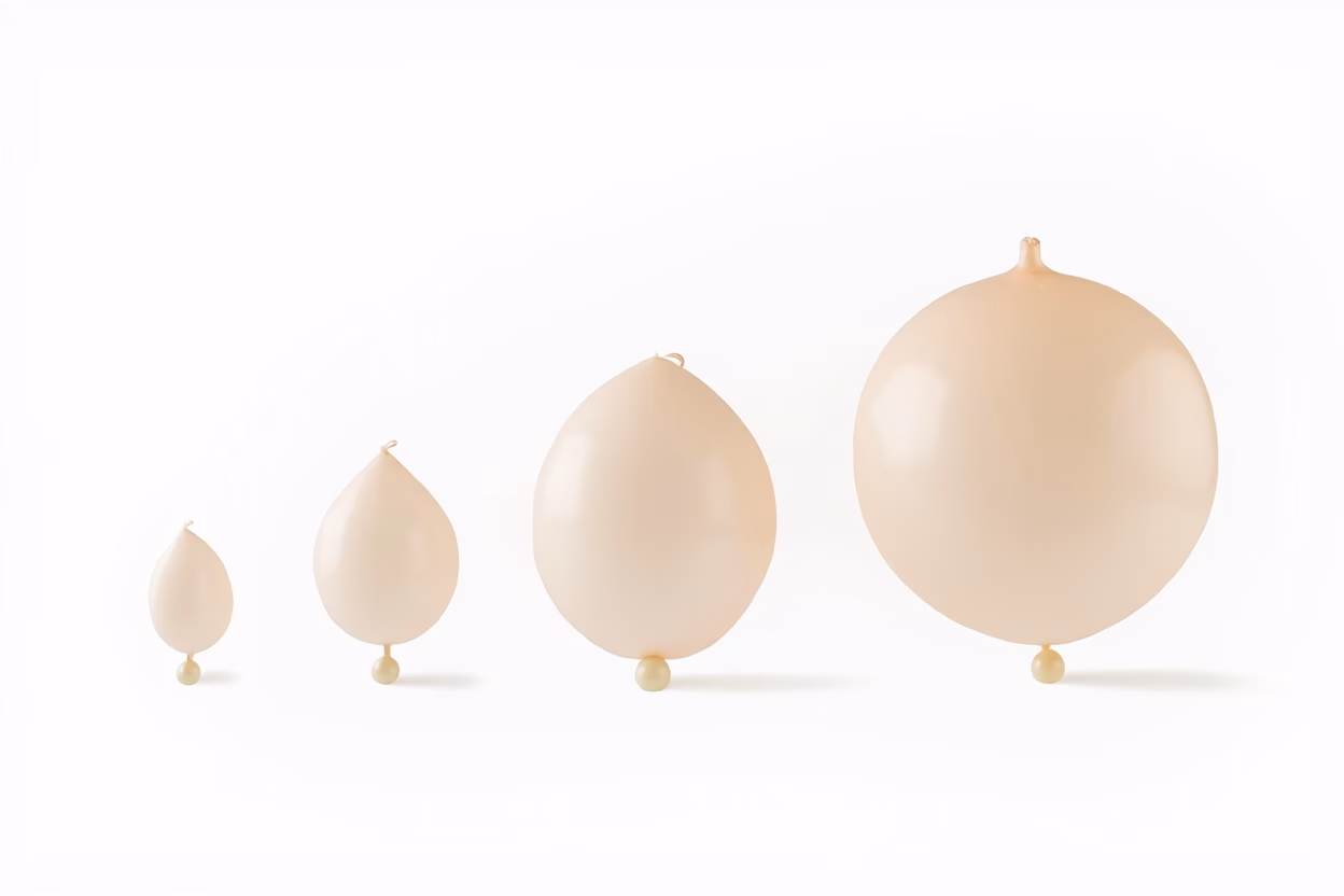 Standard Balloon Size Comparison Different balloon sizes laid out showing 5 inch 11 inch 16 inch and 24 inch comparisons