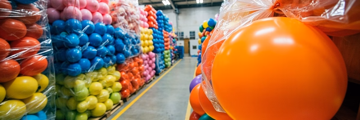 Business team inspecting balloon product samples in factory showroom