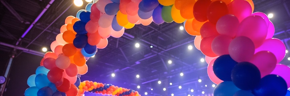 Corporate event hall decorated with custom logo balloons in company branding colors