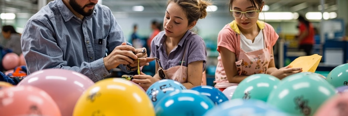 Quality control inspection of printed balloons in a factory setting