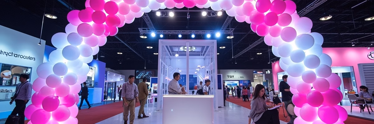 Trade show exhibition booth with custom logo balloon arch