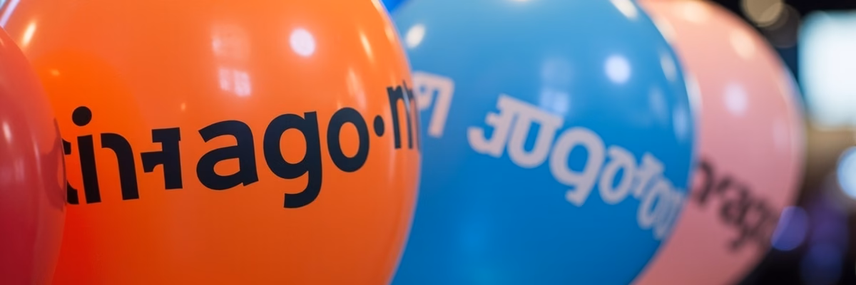 Close up of custom printed logo balloons in corporate brand colors