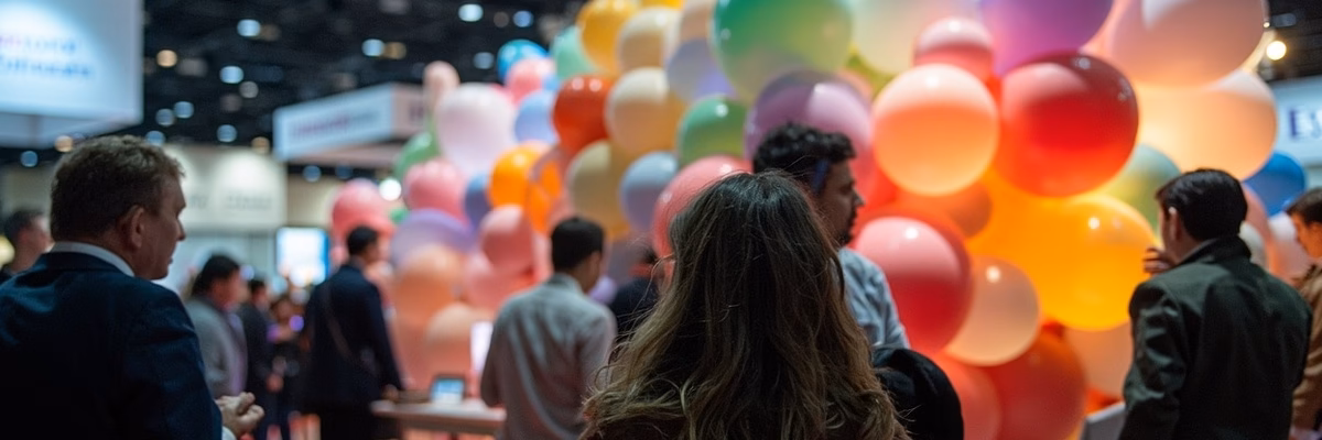 Trade show audience engaging with balloon display booth
