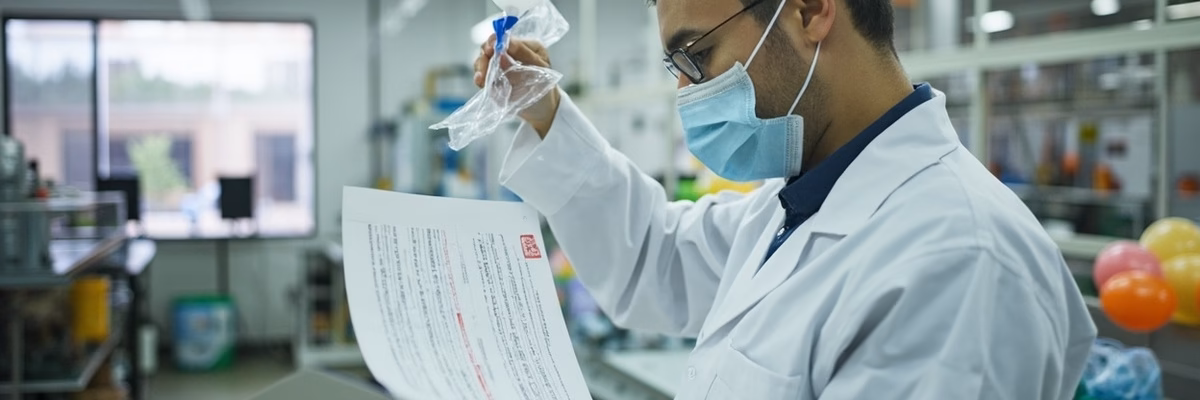 Factory quality control worker reviewing latex balloon safety documents