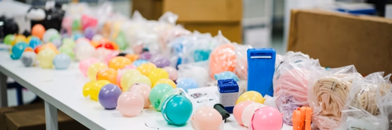 Wholesale latex balloon color samples and retail packs on a factory inspection table