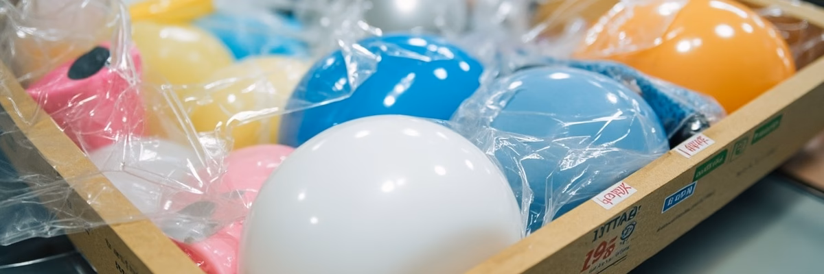 Retail latex balloon packaging bags and carton labels prepared for export