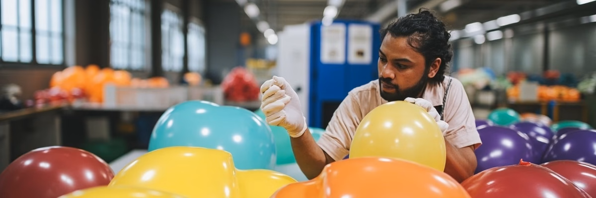 Factory worker checking inflated latex balloon samples under normal light