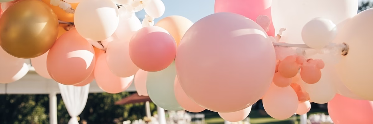 Pastel balloon garland at outdoor wedding reception