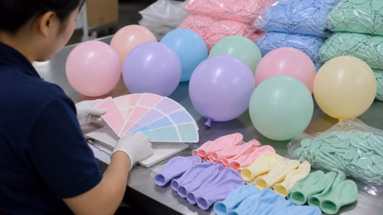 Pastel latex balloons wholesale color swatch approval at factory QC table