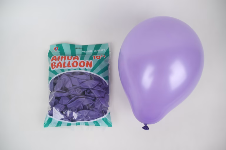 Inflated purple balloon beside an AIHUA 10-inch bag