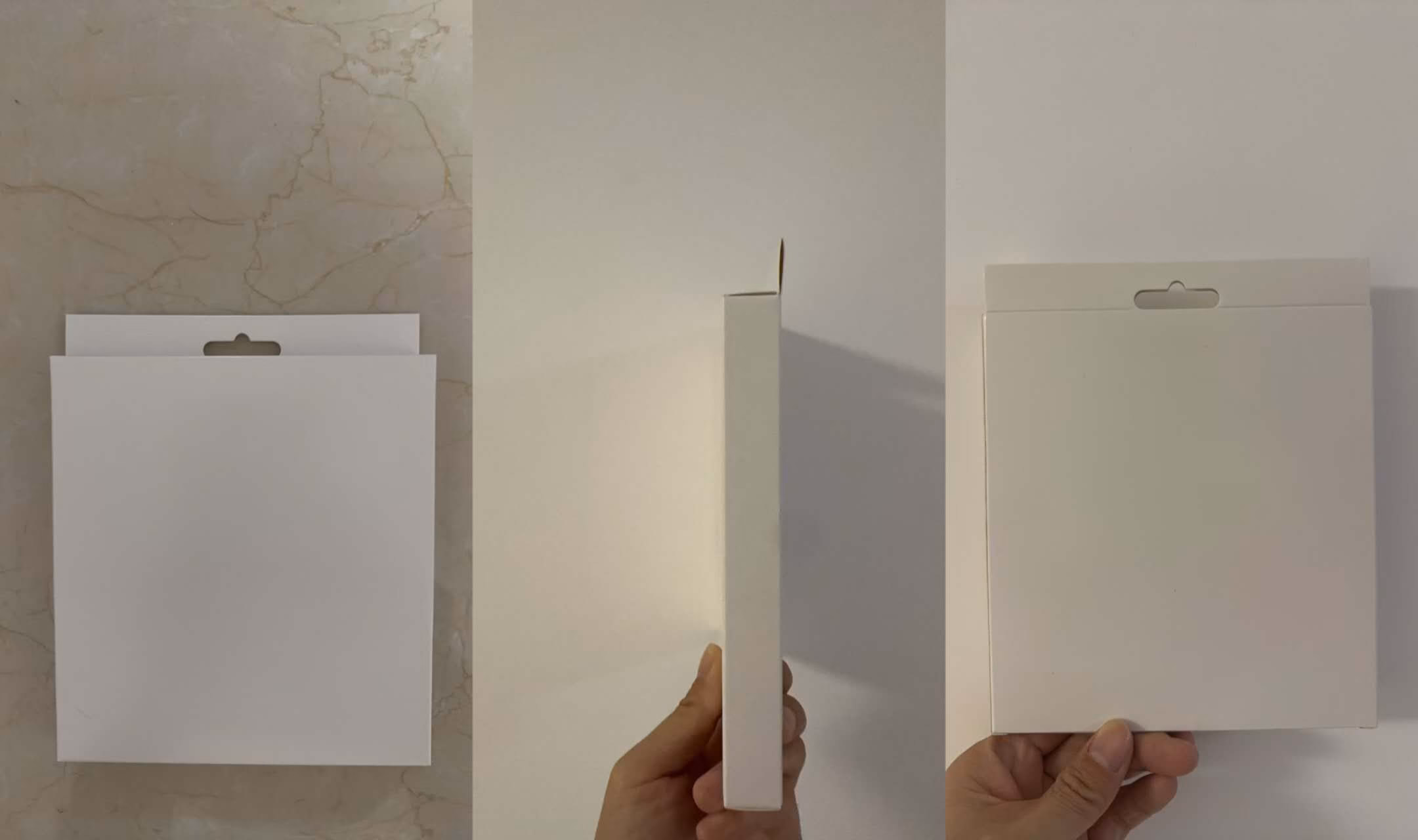 Blank hanging-box packaging sample from three views